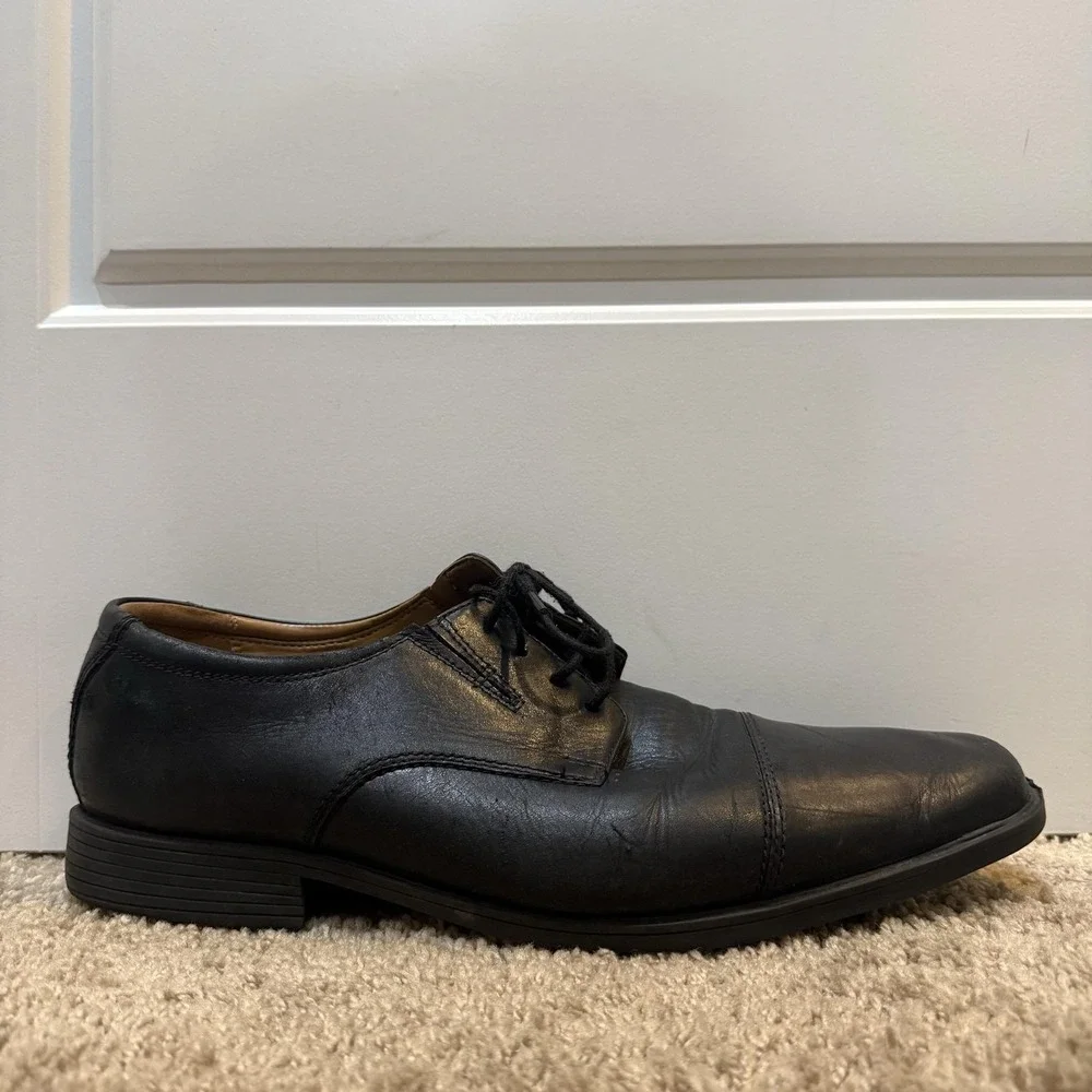 Clarks Shoes Mens Size 12 Black Leather Cap Toe Derby Dress Comfort Rubber Sole
